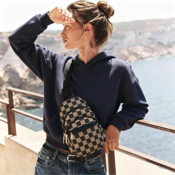 Women Checkered Coffee Imported Leather Small Crossbody Chest Sling Travel Bag - Picture 2 of 8